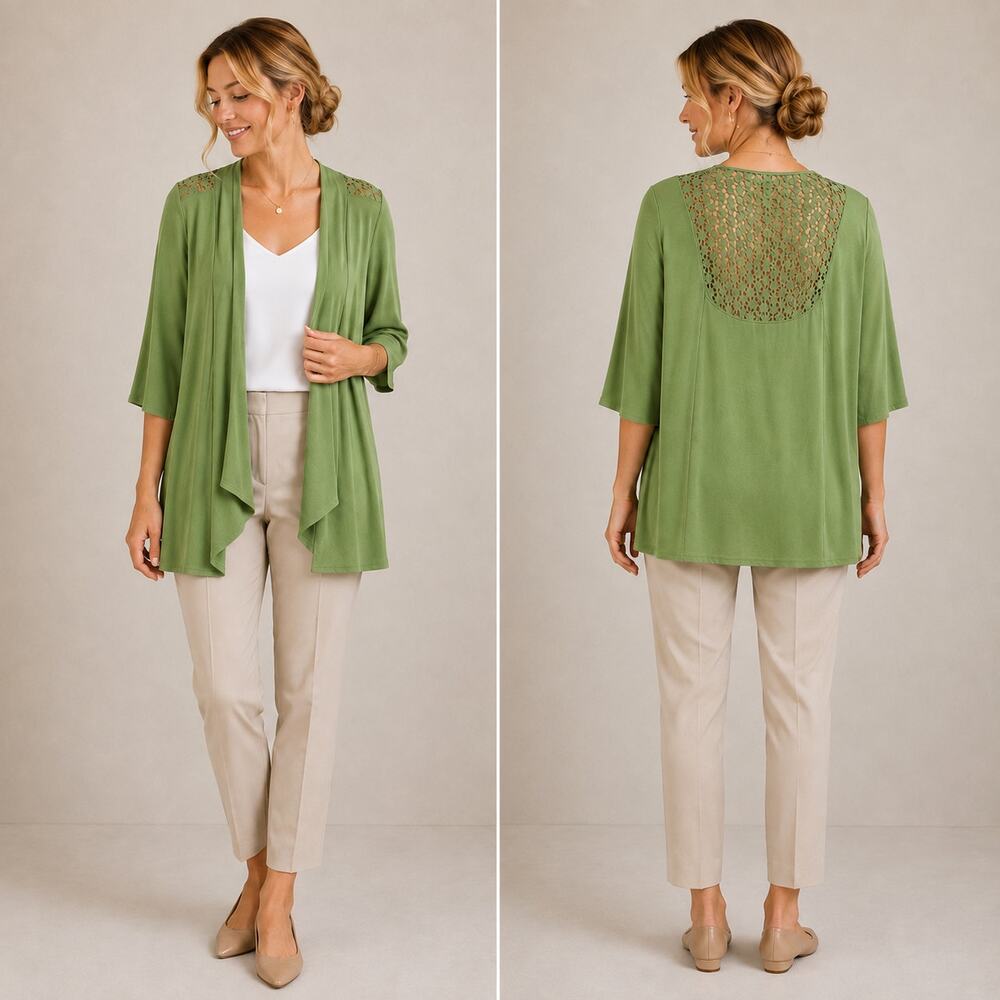 Susan Graver Liquid Knit Cardigan Women's Size XL Green Crochet Back Office